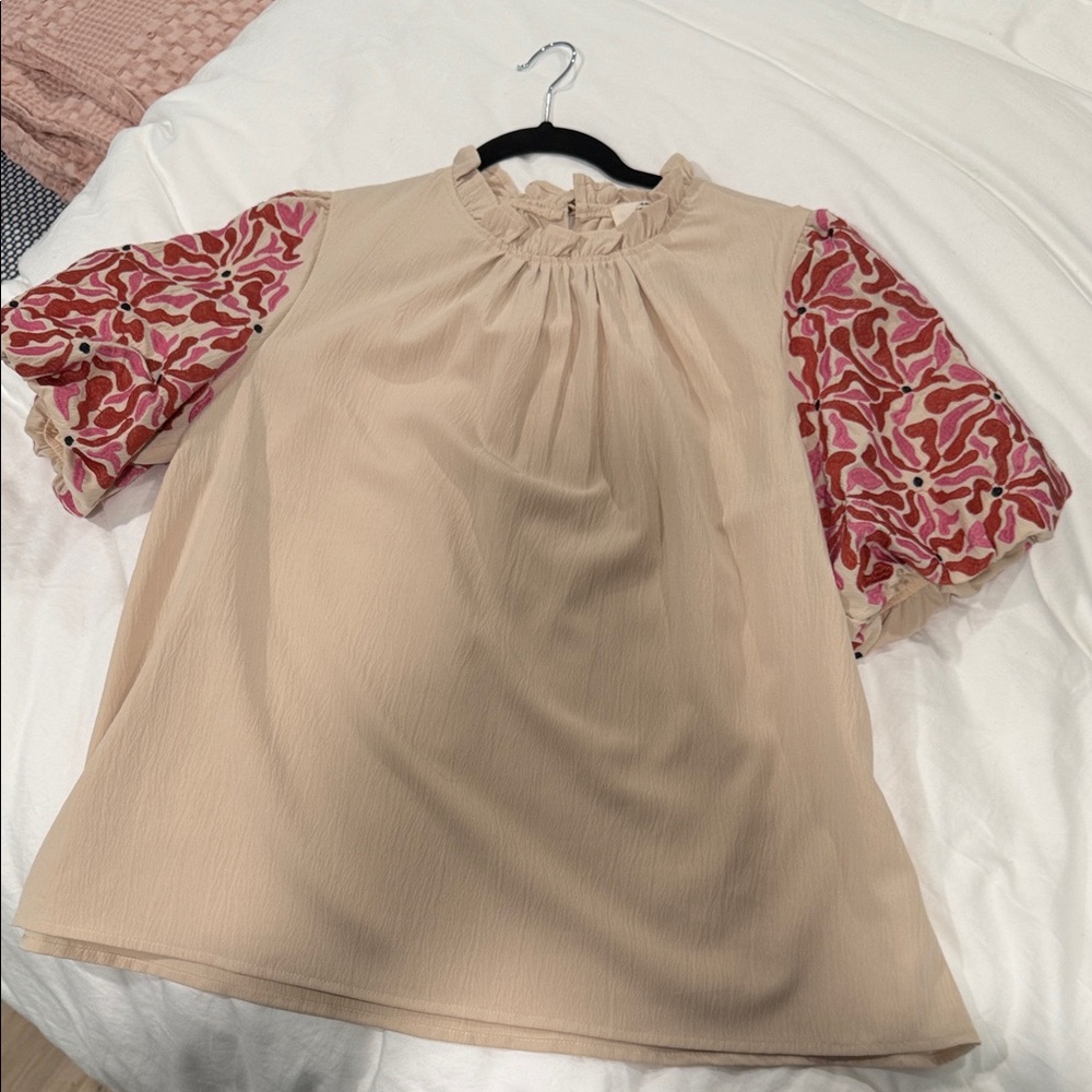 Entro Beige Blouse with Pink Patterned Sleeves